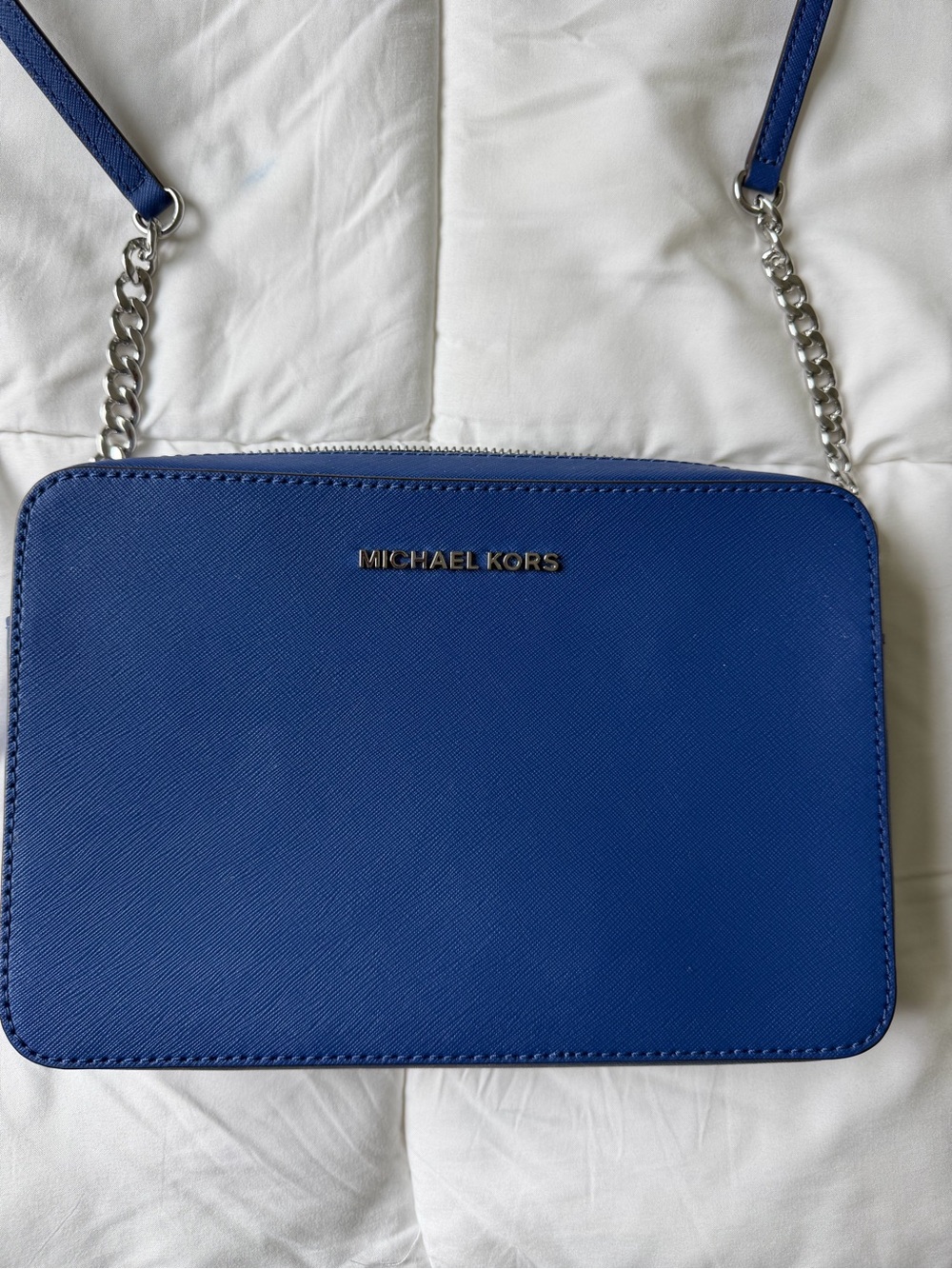 Michael Kors Cobalt Saffiano Crossbody with Silver Chain